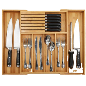 Organisateur de Tiroir en Bambou Moderne - Boîte de Rangement Brillante pour Ustensiles et Vaisselle - 36 x 25 x 5 cm