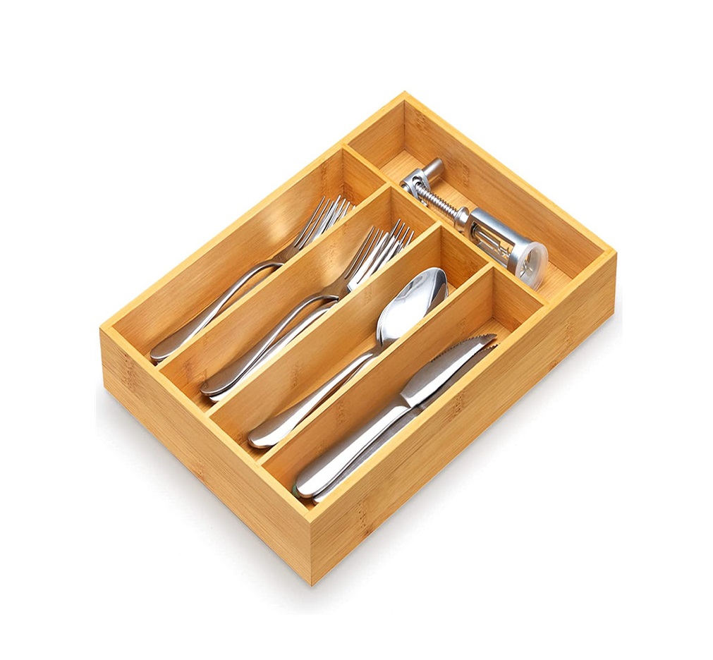 Organisateur de Tiroir de Cuisine en Bambou Poli - Plateau à Ustensiles et Argenterie en Bois Massif - Design Rectangulaire