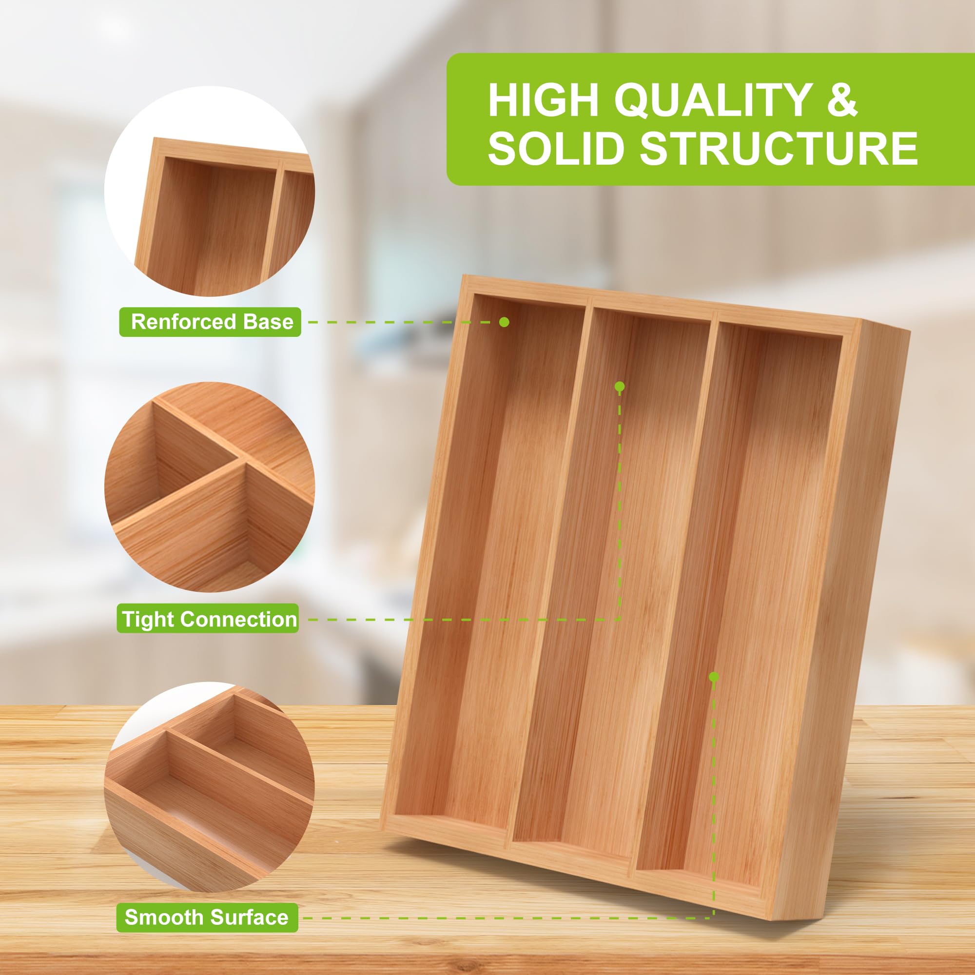 Organisateur de Tiroir en Bambou Classique - Plateau à Couverts et Argenterie pour Cuisine - Finition Laquée Protectrice – Image 2