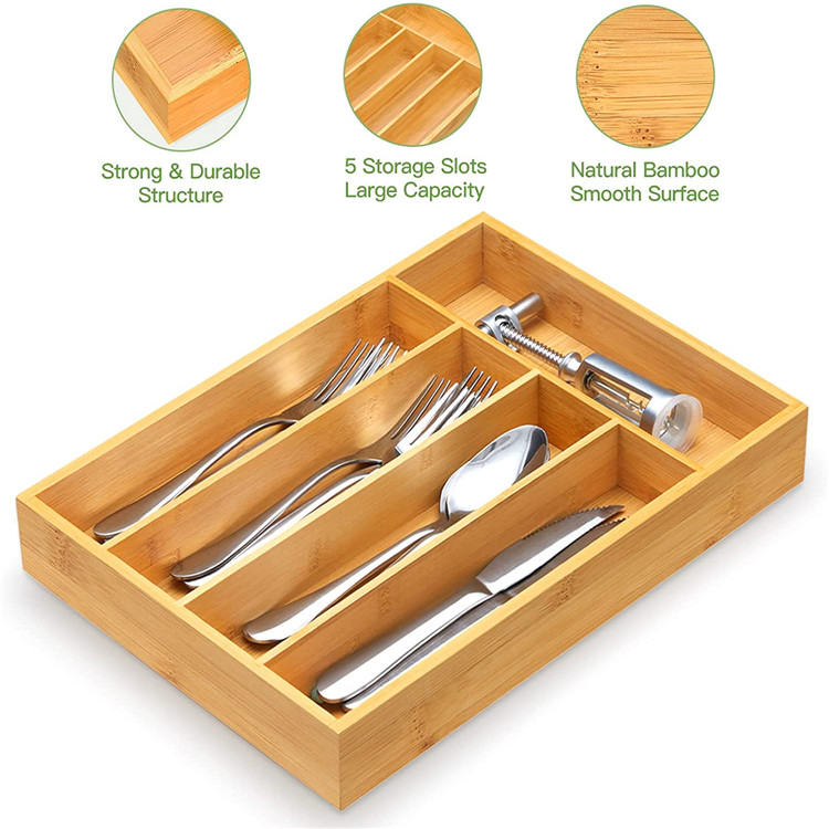 Organisateur de Tiroir de Cuisine en Bambou Poli - Plateau à Ustensiles et Argenterie en Bois Massif - Design Rectangulaire – Image 3