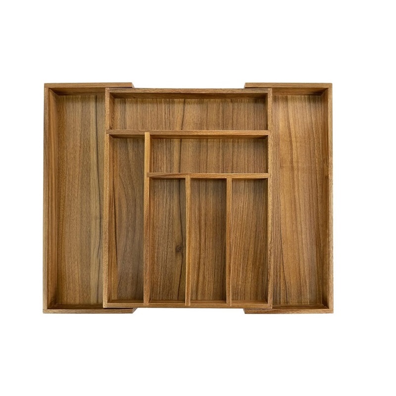 Organisateur de Tiroir en Acacia de Luxe - Range-Couverts Extensible et Pliable (33 à 48 cm) - Plateau à Ustensiles Multifonction